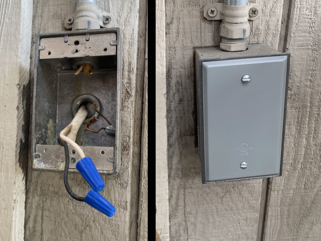 On the left, an outdoor outlet box with wires capped with blue wire nuts; on the right, the same box after the cover plate had been installed